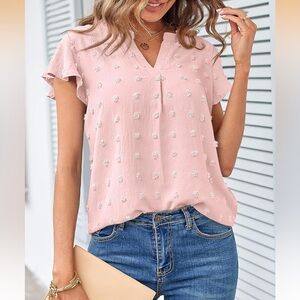 Merokeety Elegant Pink Ruffle Sleeve Swiss Dot Textured Blouse